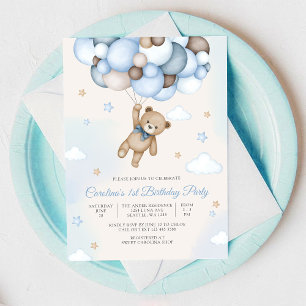 Teddy Bear Balloon 1st Birthday Invitation