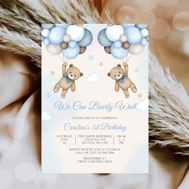 Teddy Bear Balloon 1st Birthday Invitation (Creator Uploaded)