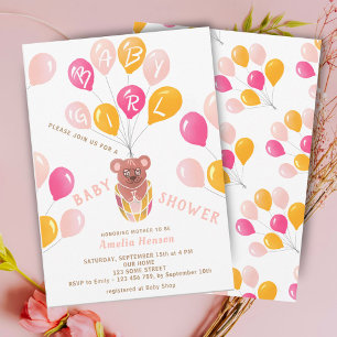 Teddy Bear Balloon Baby Girl Baby Shower Invitation