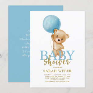 Teddy bear balloon baby shower boy invitation