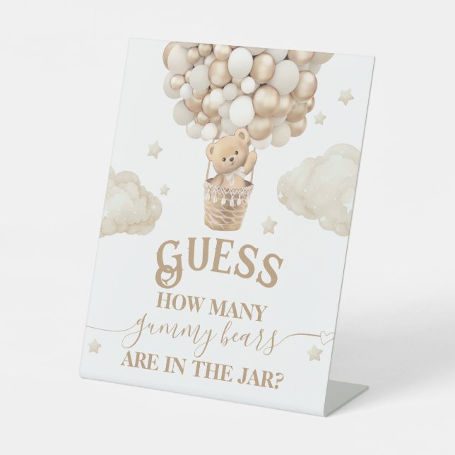 Teddy Bear Balloon Baby Shower guess game Pedestal Sign (Front)