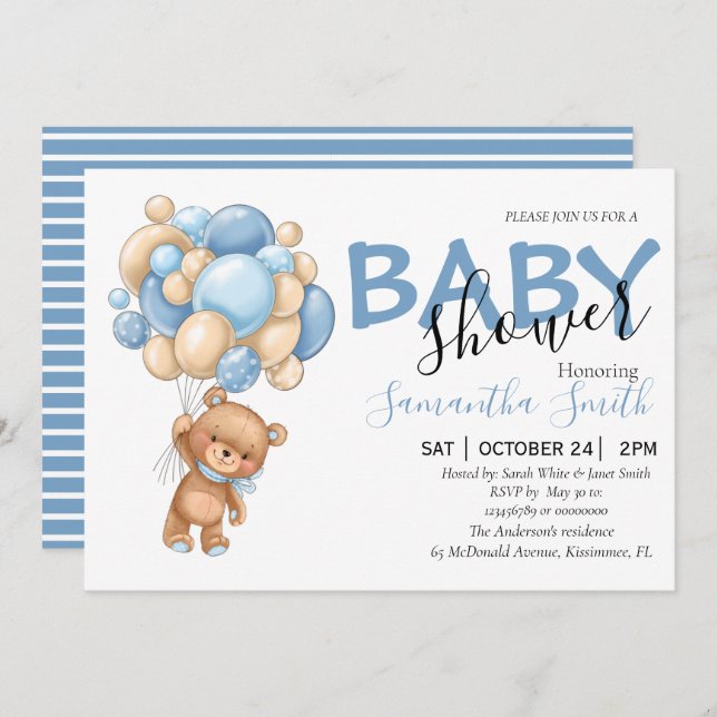Teddy Bear Balloon Baby Shower Invitations  (Front/Back)