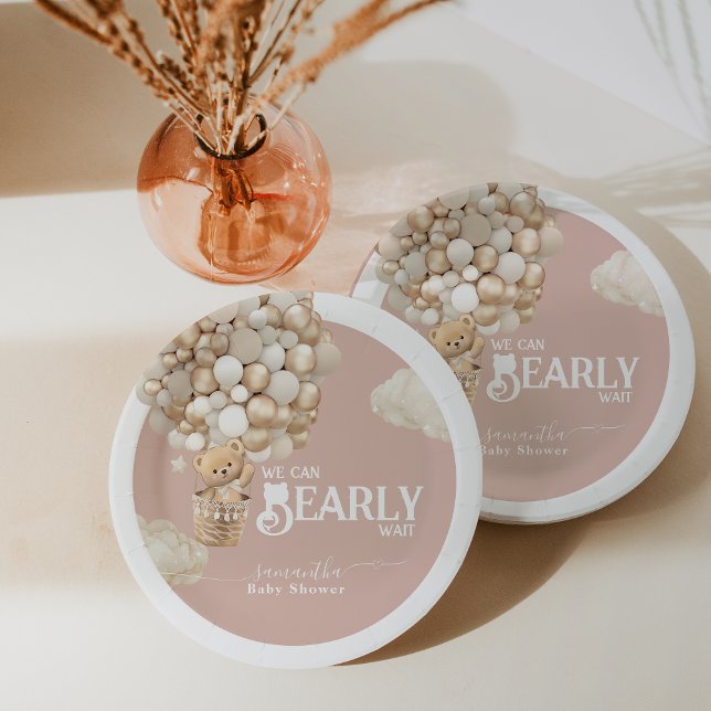 Teddy Bear Balloon Bearly Wait Baby Girl Shower Paper Plate (Creator Uploaded)