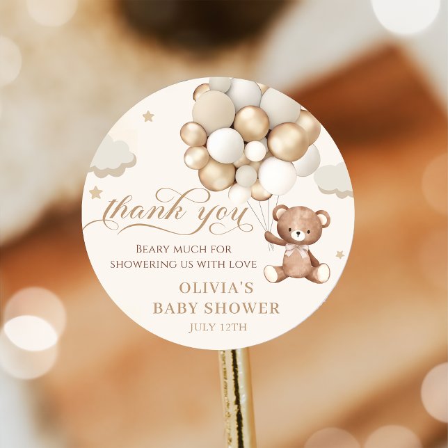Teddy Bear Balloon Bearly Wait Baby Shower  Classic Round Sticker (Creator Uploaded)