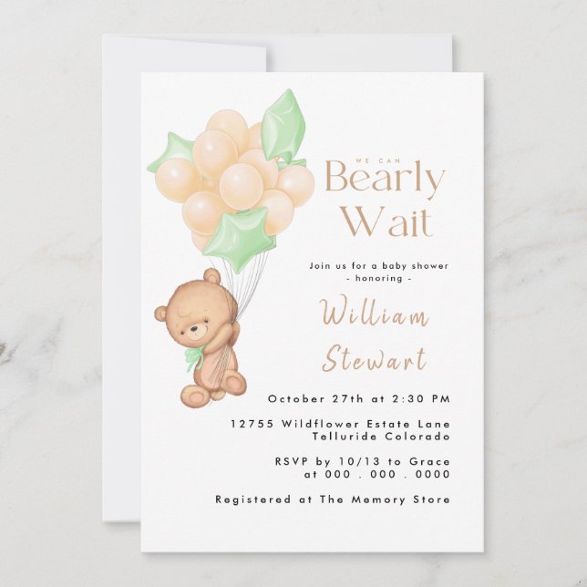 Teddy Bear Balloon Bearly Wait Baby Shower Invitation (Front)