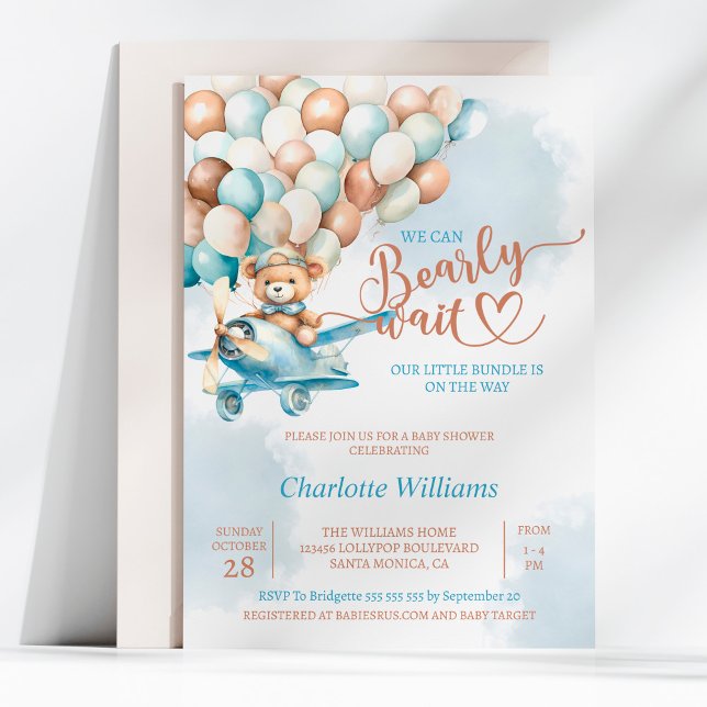 Teddy Bear Balloon Bearly Wait Baby Shower Invitation (We Can Bearly Wait Baby Shower Invitation, We Can Bearly Wait Baby Shower, Blue Teddy Bear, )