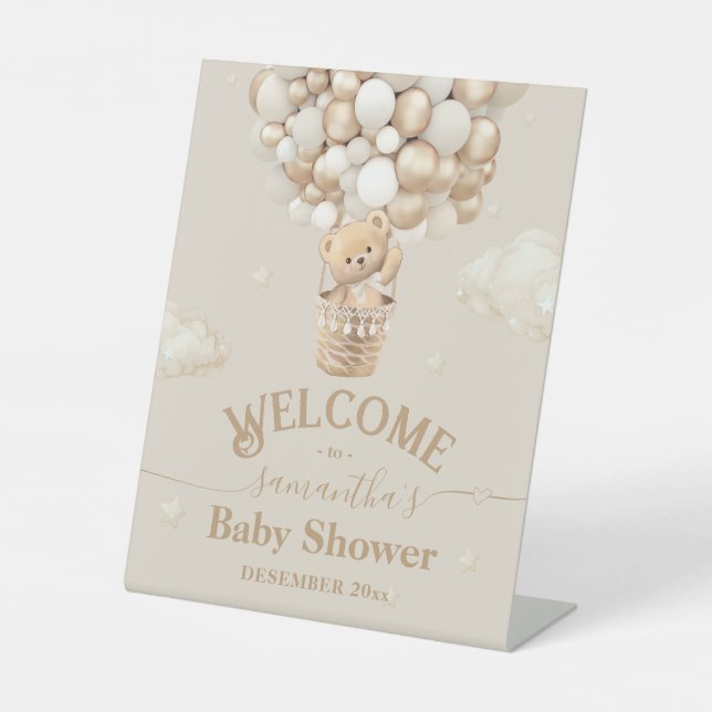 Teddy Bear Balloon Bearly Wait Baby Shower welcome Pedestal Sign (Front)
