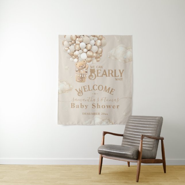 Teddy Bear Balloon Bearly Wait Baby Shower welcome Tapestry (In Situ)