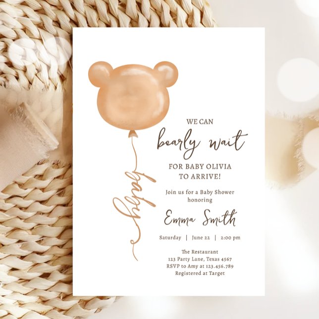 Teddy Bear Balloon Bearly Wait Boho Baby Shower Invitation (Creator Uploaded)