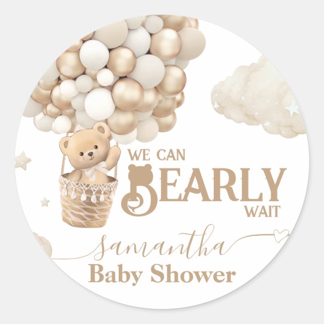 Teddy Bear Balloon Bearly Wait neutral Baby Shower Classic Round Sticker (Front)