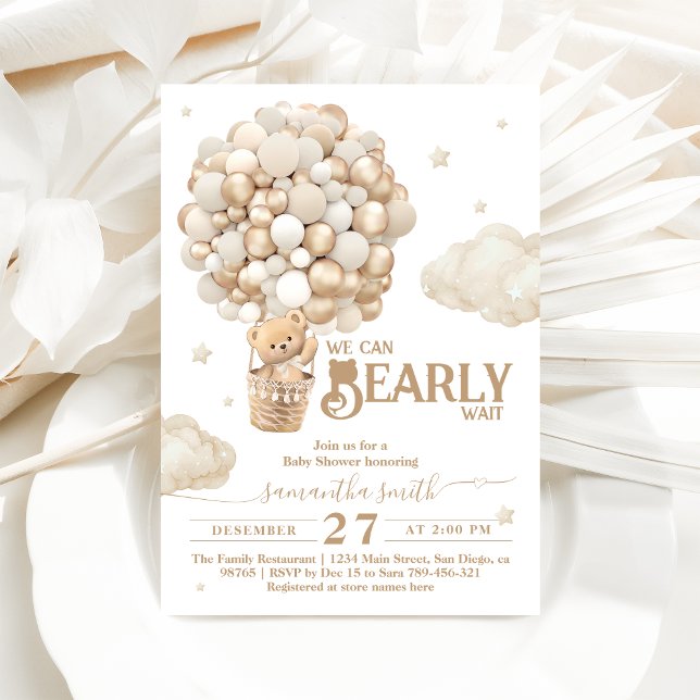Teddy Bear Balloon Bearly Wait neutral Baby Shower Invitation (Creator Uploaded)