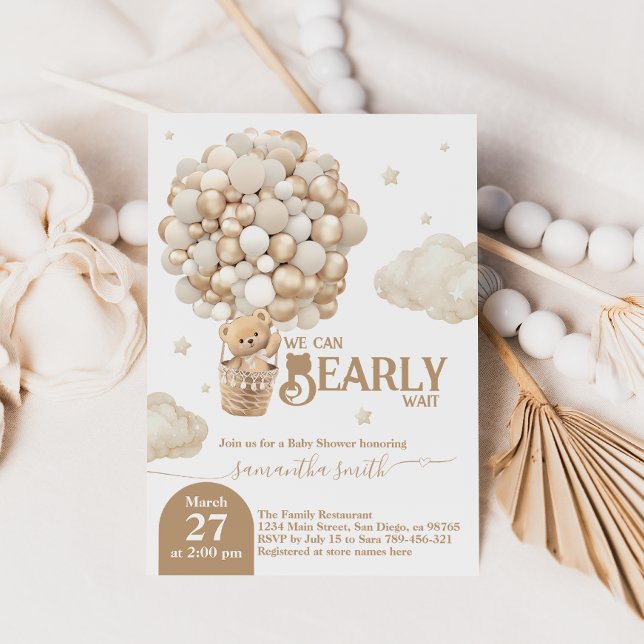 Teddy Bear Balloon Bearly Wait neutral Baby Shower Invitation (Creator Uploaded)