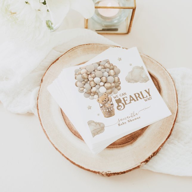 Teddy Bear Balloon Bearly Wait neutral Baby Shower Napkin (Creator Uploaded)