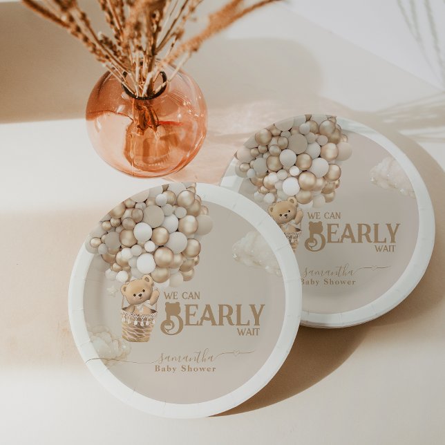 Teddy Bear Balloon Bearly Wait neutral Baby Shower Paper Plate (Creator Uploaded)