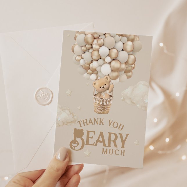 Teddy Bear Balloon Bearly Wait neutral Baby Shower Thank You Card (Creator Uploaded)