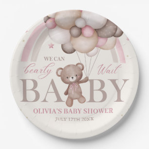 Teddy Bear Balloon Bearly Wait Pink Baby Shower Paper Plate