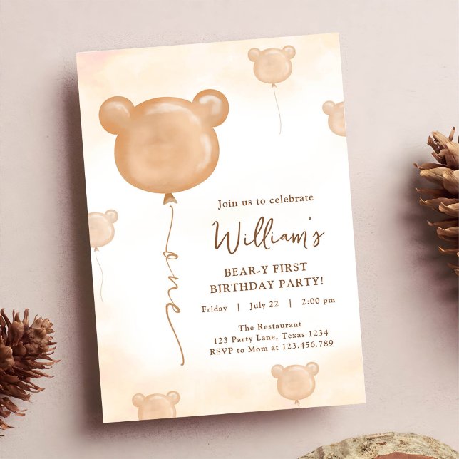Teddy Bear Balloon Beary First Birthday Party Invitation (Creator Uploaded)