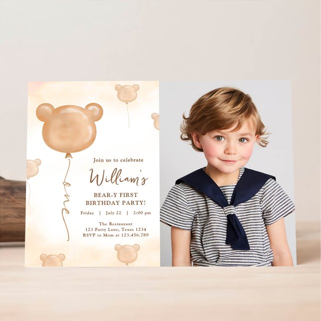 Teddy Bear Balloon Beary First Birthday Party Invitation (Creator Uploaded)