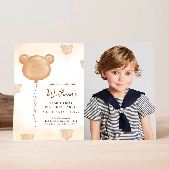 Teddy Bear Balloon Beary First Birthday Party Invitation | Zazzle