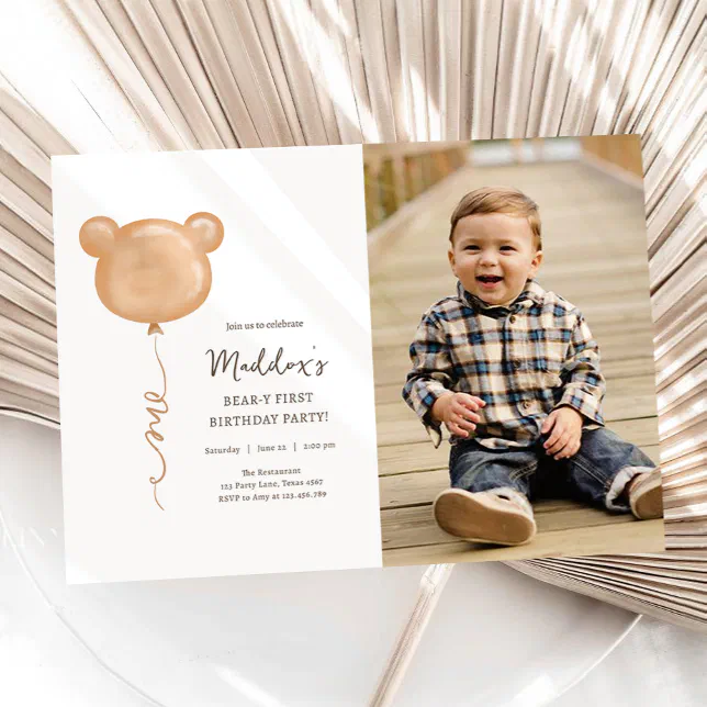 Teddy Bear Balloon Beary-Y First Birthday Party Invitation | Zazzle