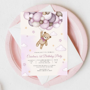 Teddy Bear Balloon Birthday Invitation