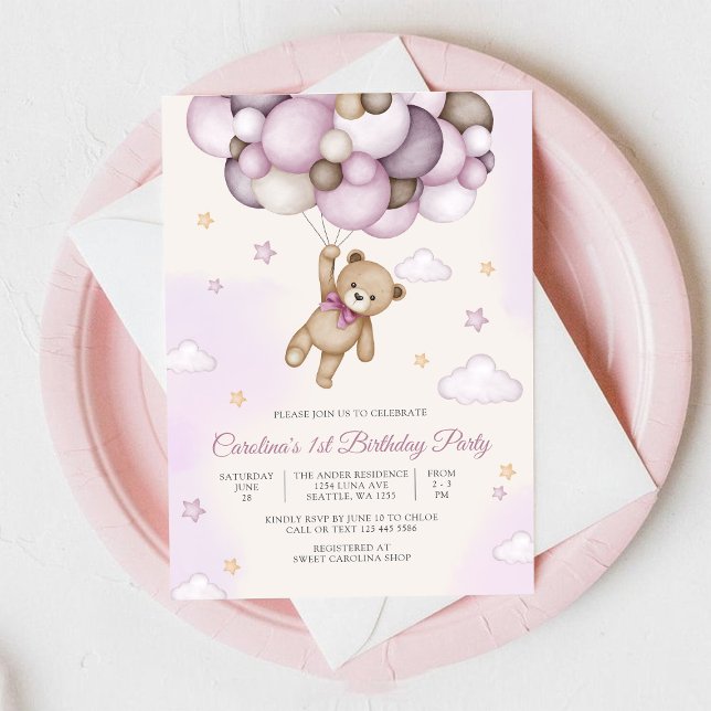 Teddy Bear Balloon Birthday Invitation (Creator Uploaded)