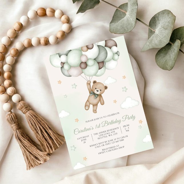 Teddy Bear Balloon Birthday Invitation (Creator Uploaded)