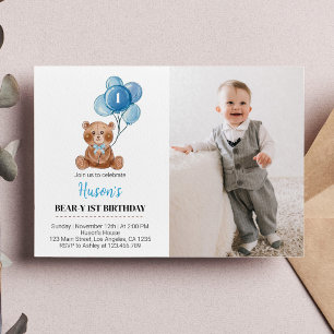 Teddy Bear Balloon Birthday Invitation Blue Beary