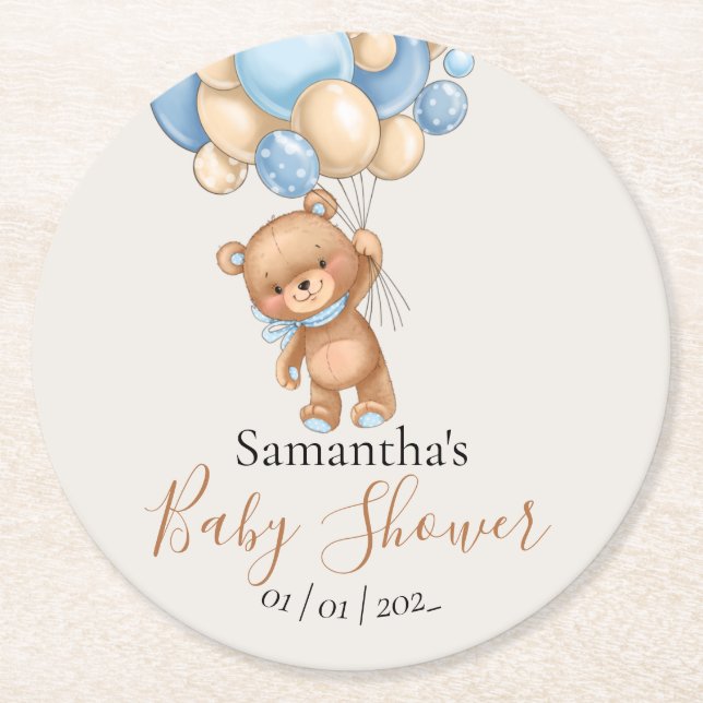 Teddy Bear Balloon Blue Baby Shower Round Paper Coaster (Front)
