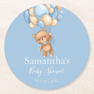 Teddy Bear Balloon Blue baby shower  Round Paper Coaster