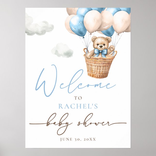 Teddy Bear Balloon | Blue Boy Baby Shower Welcome Poster (Front)