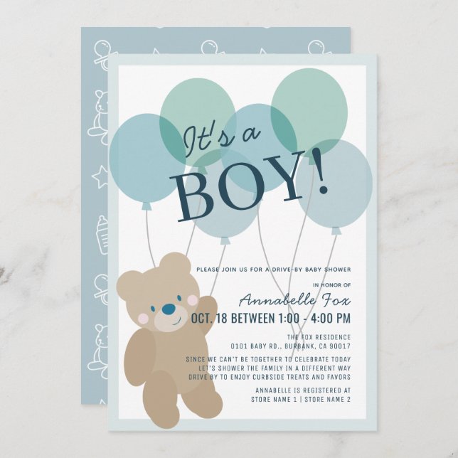 Teddy Bear Balloon Blue Boy Drive-by Baby Shower Invitation (Front/Back)