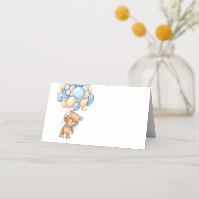 Teddy Bear Balloon Blue Place Card (Front)