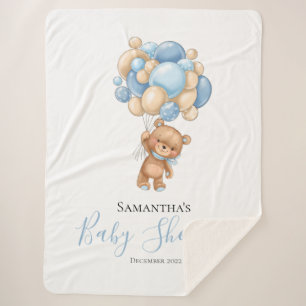 Teddy Bear Balloon Blue  Sherpa Blanket
