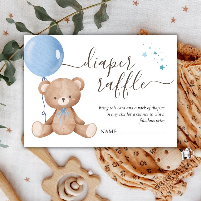 Teddy Bear Balloon Boy Baby Shower Diaper Raffle Enclosure Card (Creator Uploaded)