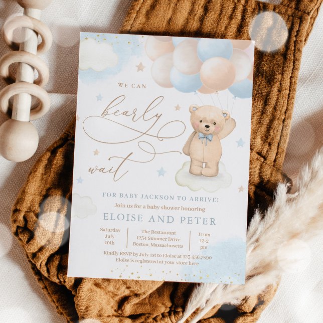 Teddy Bear Balloon Boy Bearly Wait Baby Shower Invitation (Creator Uploaded)