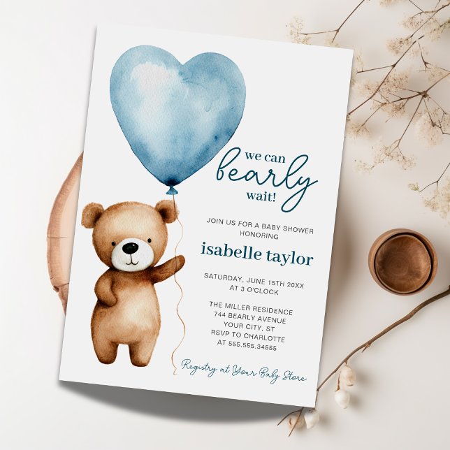 Teddy Bear Balloon Boy Bearly Wait Baby Shower Invitation (Creator Uploaded)
