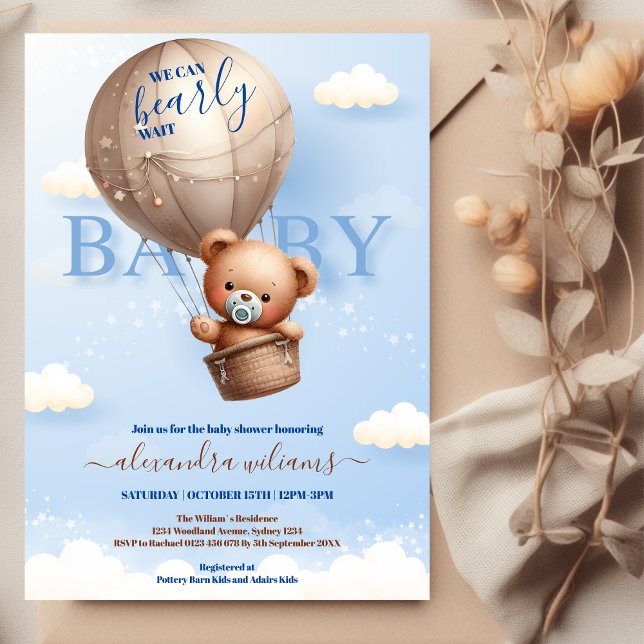 Teddy Bear Balloon Boy Bearly Wait Baby Shower Invitation (Creator Uploaded)
