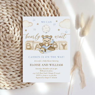 Teddy Bear Balloon Boy Bearly Wait Baby Shower Invitation