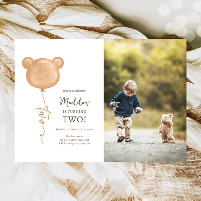 Teddy Bear Balloon Boy Second Birthday Party Invitation (Creator Uploaded)