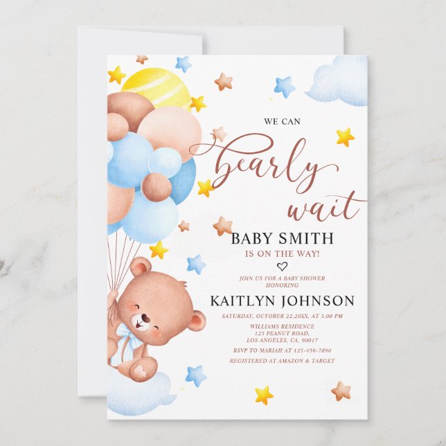 Teddy Bear Balloon Clouds Baby Sprinkle Invitation (Front)