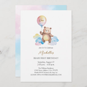 Teddy Bear Balloon Clouds Beary First Birthday Invitation