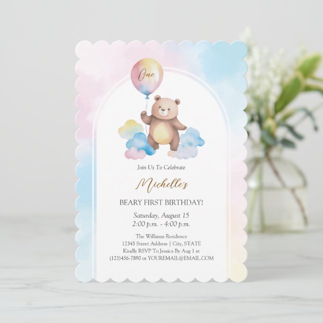 Teddy Bear Balloon Clouds Beary First Birthday Invitation (Standing Front)