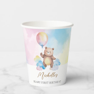 Teddy Bear Balloon Clouds Beary First Birthday Paper Cups