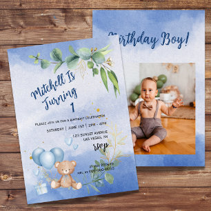 Teddy Bear Balloon Eucalyptus First Birthday Photo Invitation