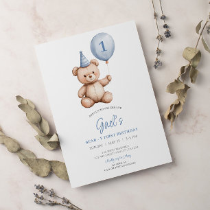 Teddy Bear Balloon First Birthday Invitation