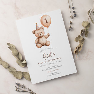 Teddy Bear Balloon First Birthday Invitation