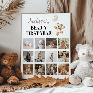 Teddy Bear Balloon First Year Photo Milestone Poster