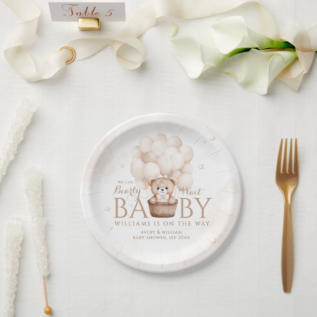 Teddy Bear Balloon Gender Neutral Baby Shower  Paper Plate (Wedding)