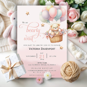  Teddy Bear Balloon Girl Baby Shower Invitation